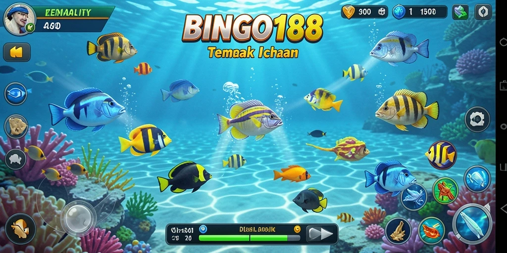 Screenshot utama BINGO188 menunjukkan aksi seru menembak ikan di lautan.