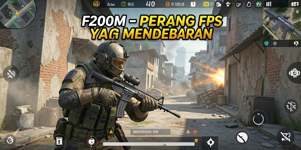 Screenshot F200M menunjukkan aksi baku tembak yang mendebarkan dalam lingkungan yang realistis.