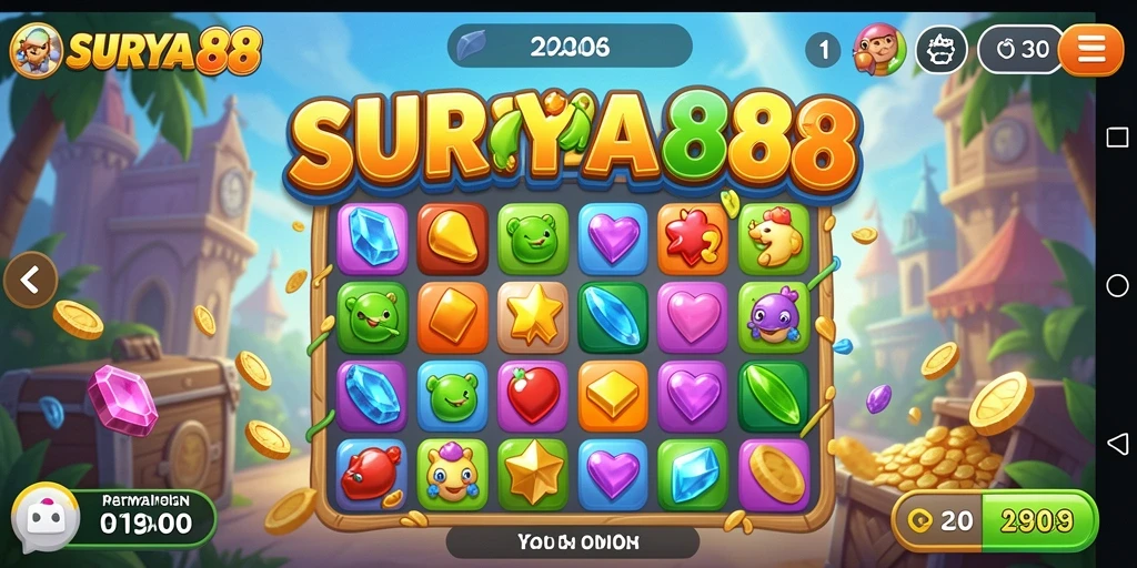 Tampilan gameplay seru dalam SURYA88 dengan warna-warni permata.